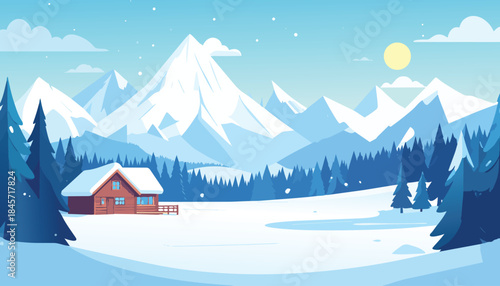 Snowy winter mountain landscape vector illustration with alpine peaks pine forest cozy cabin frozen river and clear blue sky peaceful seasonal scenery for posters backgrounds and designs