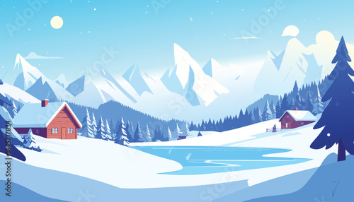 Winter snowy mountain landscape vector illustration with frozen river pine trees cozy cabins clear sky and sunlight peaceful seasonal scenery for backgrounds posters and designs