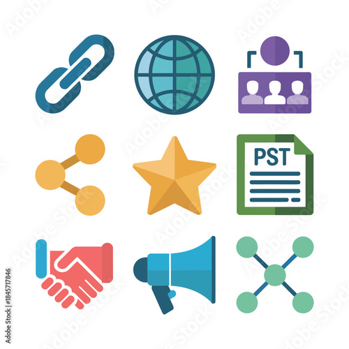 Backlink authority and referral marketing icon collection with chain globe profile megaphone trust flat vector illustration