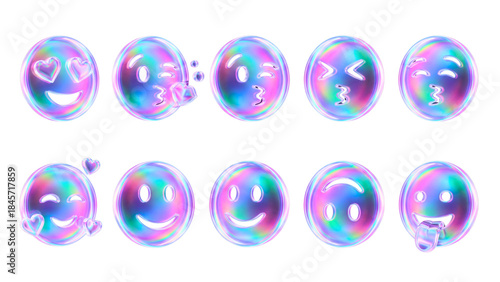 3d glass holographic y2k abstract Heart Eyes shape emoji set with neon gradient isolated on trasparent background