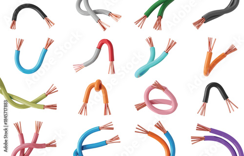 Colorful electric wires and cables set, isolated curved power cords illustration for technology design projects