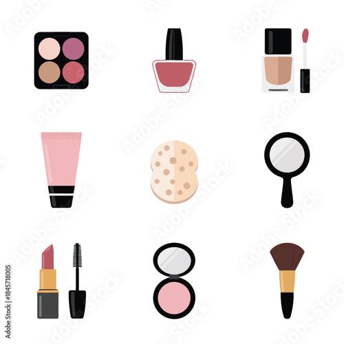 Makeup essentials and beauty cosmetics icon set with lipstick nail polish powder brush mirror skincare flat vector illustration