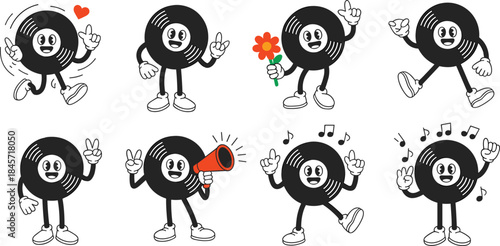 Cute vinyl record mascot characters set, funny cartoon music icons illustration for branding design projects