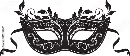 Elegant black ornate masquerade mask with decorative leaves and ribbons