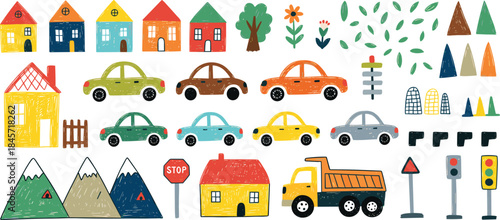 Cute hand drawn city elements set, colorful houses cars trees traffic icons for kids illustration