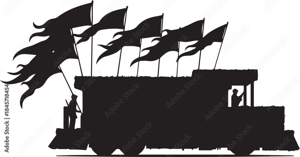 Naklejka premium Silhouette of a truck with multiple flags flying in the wind