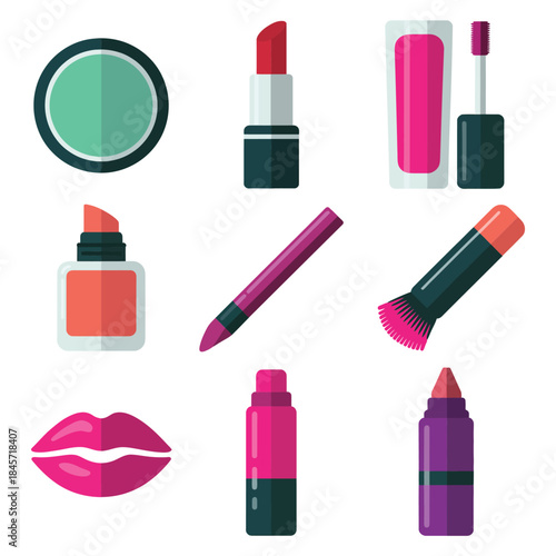 Modern beauty cosmetics illustration set with lipstick mirror nail polish brush lips makeup accessories flat vector design