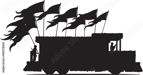 Silhouette of a truck with multiple flags flying in the wind