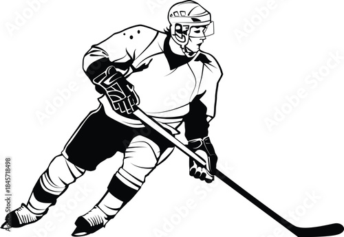 Hockey player skating with stick in black and white illustration