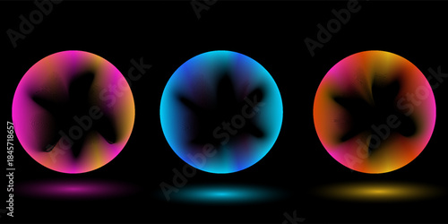 Neon blend circle lines set. Glowing colorful round tech frame collection. Curved wavy line circles on black background. Bright gradient circular border pack. Vector design element bundle