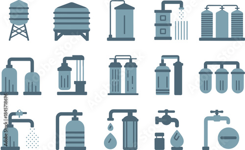 Industrial water treatment icons set, filtration tanks pipelines purification systems illustration for utility infrastructure design