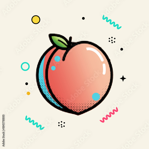 Halftone pop art dot, peach, round pink and blue fruit with a green leaf and a vibrant halftone texture, surrounded by abstract geometric and wavy memphis shapes, vector illustration