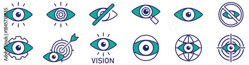 Vision Concept Outline Icon Collection. Eyesight, focus, accuracy, target, monitoring, and finding symbols in thin line style.