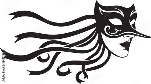 Elegant black masquerade mask with flowing ribbons