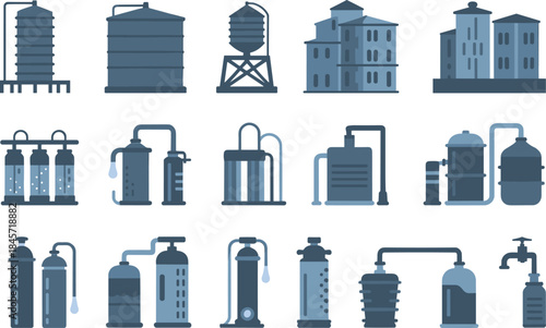 Industrial water treatment equipment set, storage tanks filtration systems plants illustration collection for infrastructure design