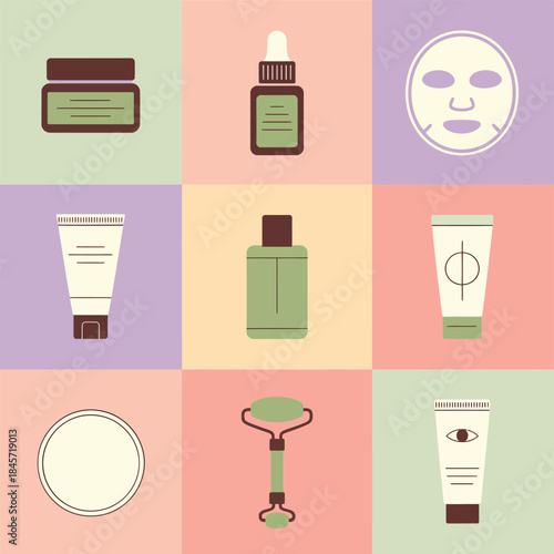 Facial skincare products icon collection with moisturizer serum eye cream cleanser mask daily beauty flat vector illustration
