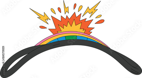 Broken electric cable sparks rainbow explosion illustration, abstract power failure hazard concept isolated white background
