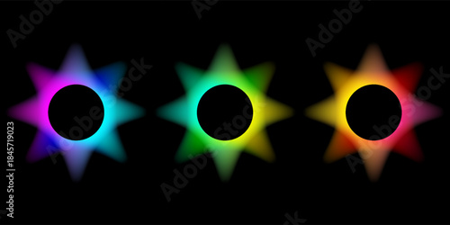 Neon color round frames with gradient effect. Abstract blurred rainbow light circles background. Colored bright blending wavy icons. Colorful geometric graphic vector set isolated on black.