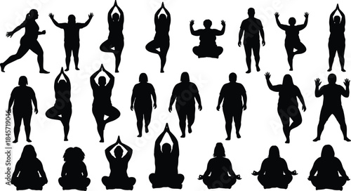 Diverse people practicing yoga and meditation in various poses