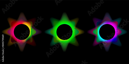 Neon color round frames with gradient effect. Abstract blurred rainbow light circles background. Colored bright blending wavy icons. Colorful geometric graphic vector set isolated on black.