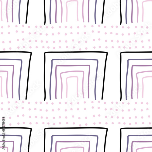 Spots, lines, dots. A seamless vector pattern of minimalist, trendy, hand-drawn abstract elements