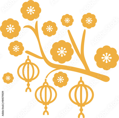 Chinese Plum Blossom Branch With Hanging Lanterns