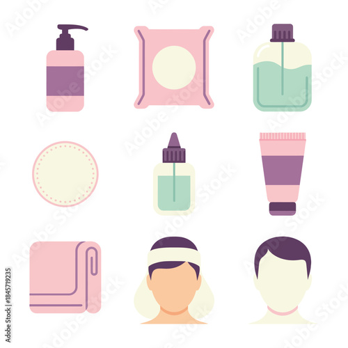 Beauty skincare essentials icon pack with face cream serum cleanser toner sheet mask flat vector illustration