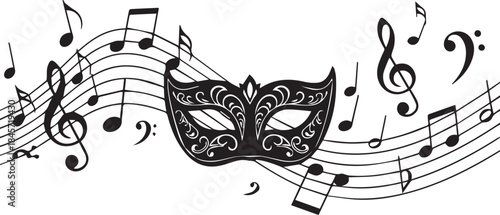 Ornate masquerade mask intertwined with musical notes and staff