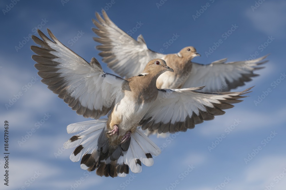 Obraz premium Gracious White-Winged Dove in Mid-Flight Against a Clear Blue Sky