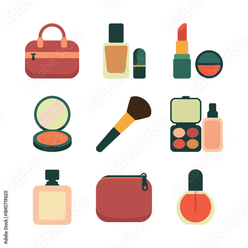 Cosmetic makeup icon collection with perfume bottle brush palette lipstick nail polish flat vector illustration