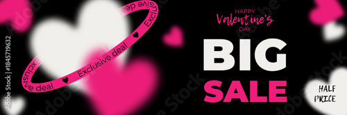 Valentine's Day sale banner. Black and white pink background with blurred hearts, modern bright design.