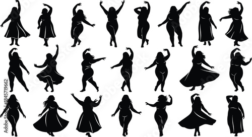 Plus size women dancing in various poses and outfits