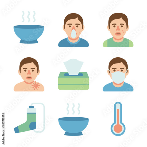 Cold flu symptoms and prevention illustration set featuring fever cough tissue mask thermometer hot drink flat vector design