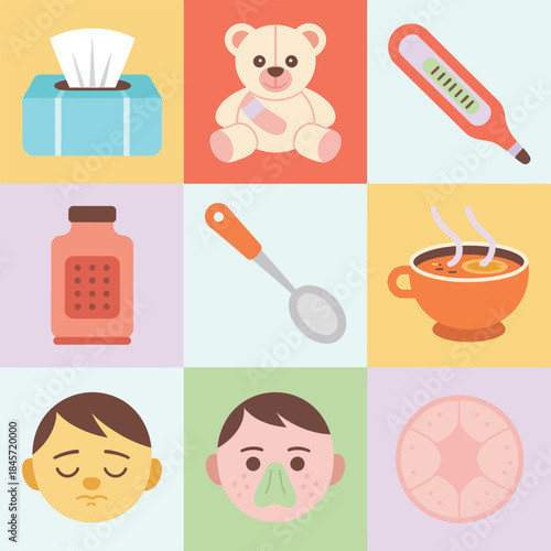 Baby care and sickness recovery icon collection with fever thermometer tissue medicine teddy flat vector illustration