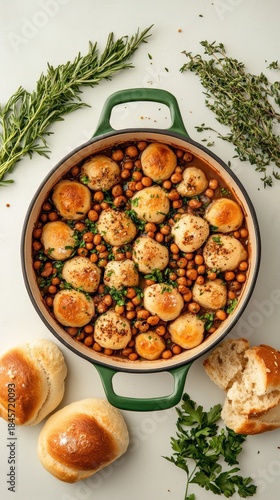 Hearty chickpea stew with golden baked dough balls. Fresh green herbs. Served in a green pot with crusty bread rolls on a bright table.