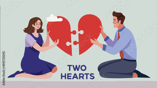 Man and woman holding puzzle pieces of heart symbolizing love and unity together