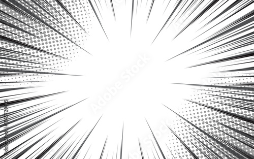 Radial motion lines of a comic strip. Anime comic book, hero, speed, or fighting action, light texture. Manga cartoon image explosion background. Vector illustration.