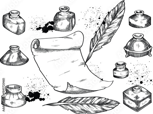 Quill Pen Ink Pots and Scroll Sketch