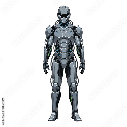 Flat sci-fi vector illustration of a futuristic full-body exoskeleton concept worn by a neutral human figure, showing advanced wearable technology and human augmentation on a white background