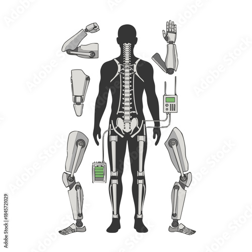 Flat vector infographic of a modular exoskeleton system with separated components including legs, arms, spine support, battery and control unit arranged around a human silhouette on a white background