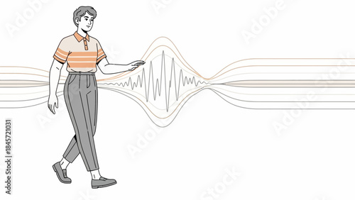 Illustration of a man interacting with sound waves, vector art on white background