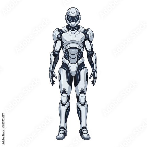 Flat sci-fi vector illustration of a futuristic full-body exoskeleton concept worn by a neutral human figure, showing advanced wearable technology and human augmentation on a white background