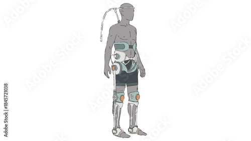 Flat vector illustration of a medical rehabilitation exoskeleton supporting human legs and joints, showing assistive wearable technology for recovery, mobility and physical therapy on a white backgrou