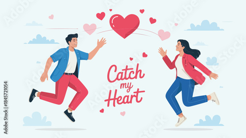 Playful romantic couple running with floating hearts, joyful lovers in vibrant casual clothes