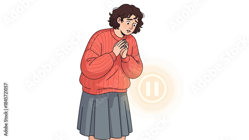 A woman looks worried she is pressing the pause button to represent stopping her thoughts