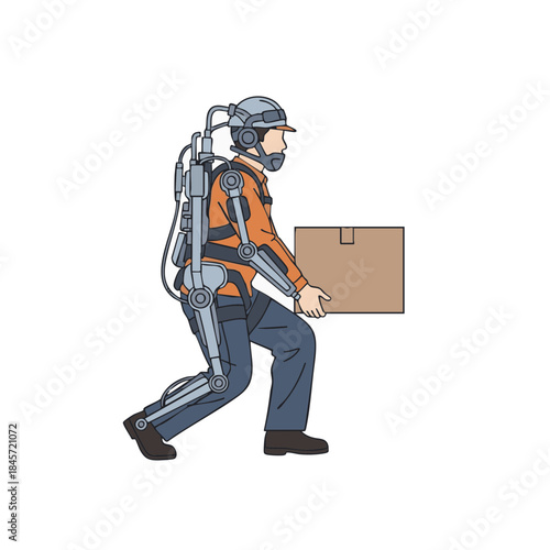 Flat vector illustration of an industrial exoskeleton supporting a worker lifting heavy objects, showing ergonomic wearable technology for workplace safety, productivity and physical support 