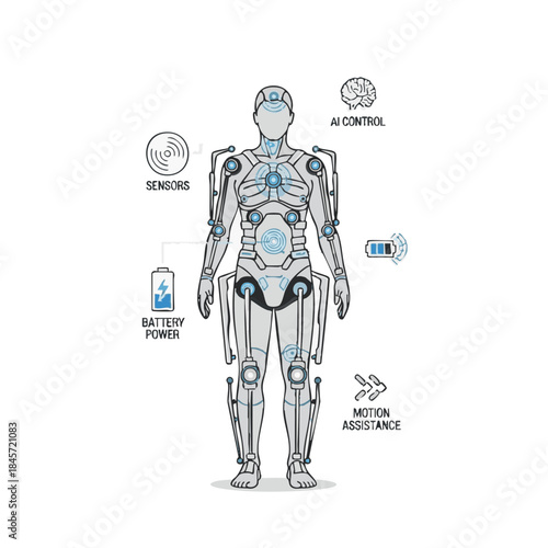 Minimal flat vector illustration of a wearable exoskeleton technology concept with a human figure and abstract icons representing sensors, battery power, AI control and motion assistance on a white 