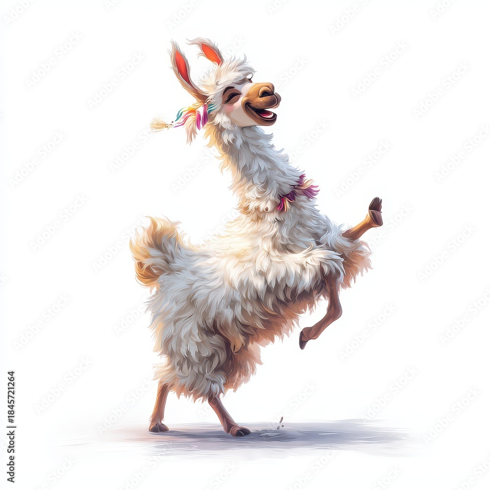 Obraz premium Joyful Dance of a Lively Llama: Detailed Character Portrait of a Cheerful, Happy Mammal in Motion on a Clean White Background