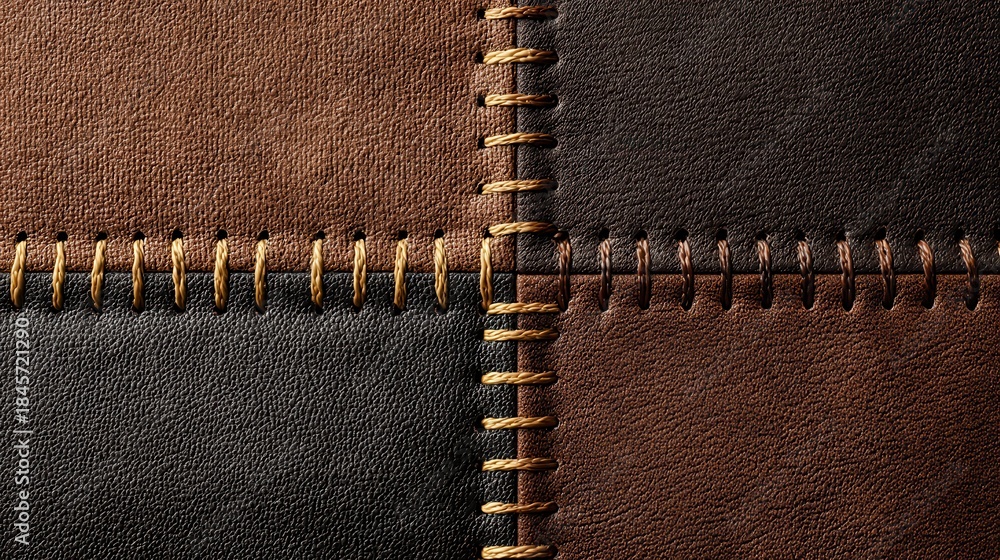 Fototapeta premium Patchwork leather and fabric texture with gold stitching