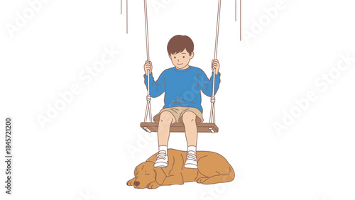 A young child enjoying a swing ride with a dog in a cartoon illustration style